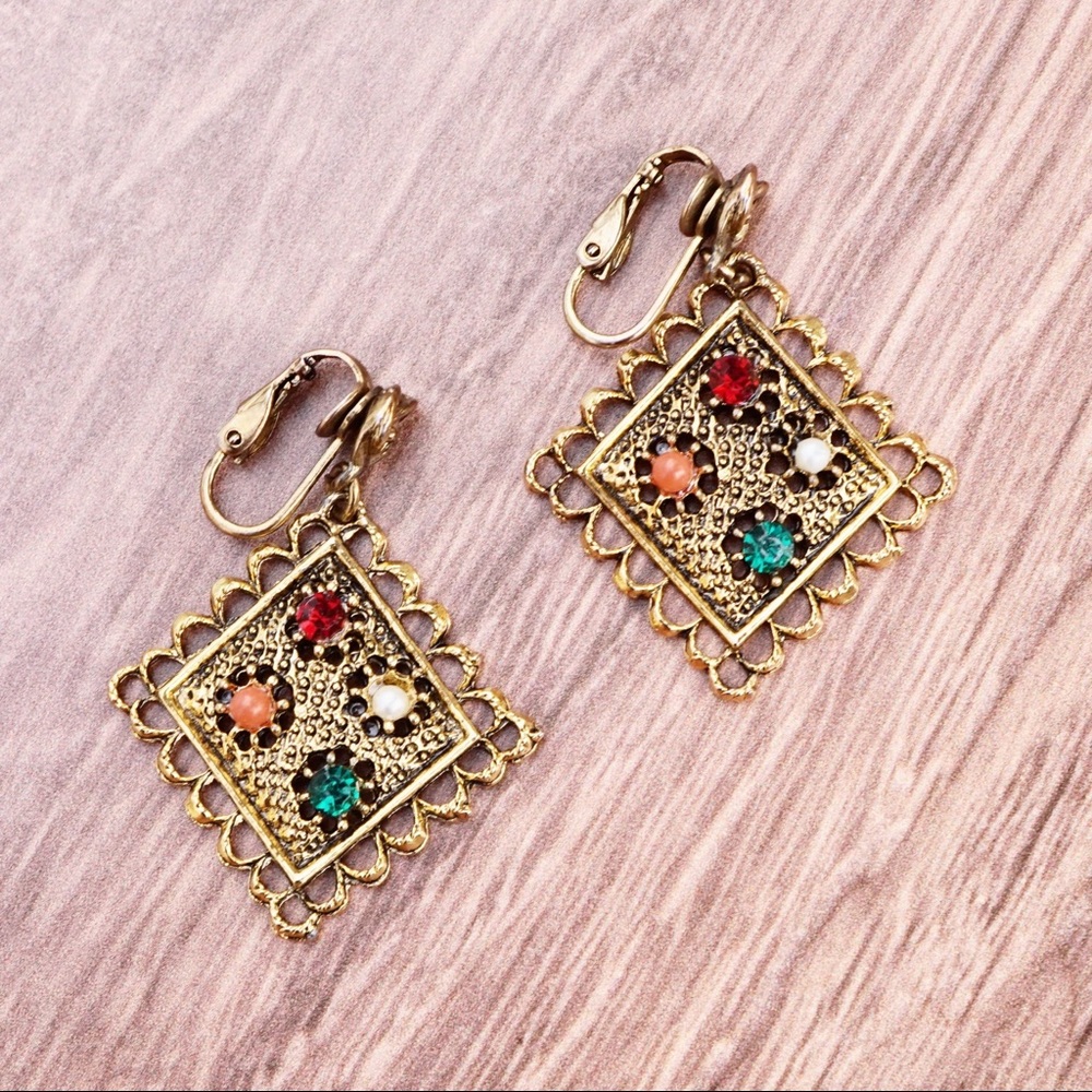 Vintage 1970s Gold Drop Earrings With Emerald, Ruby, Coral and Pearl